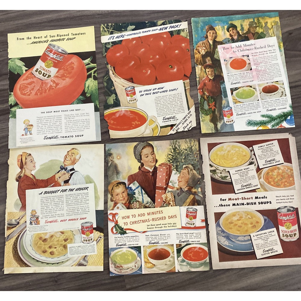 Vtg 1940s Campbells Soup Magazine Ads Lot of 6 Tomato Beef Scotch Christmas